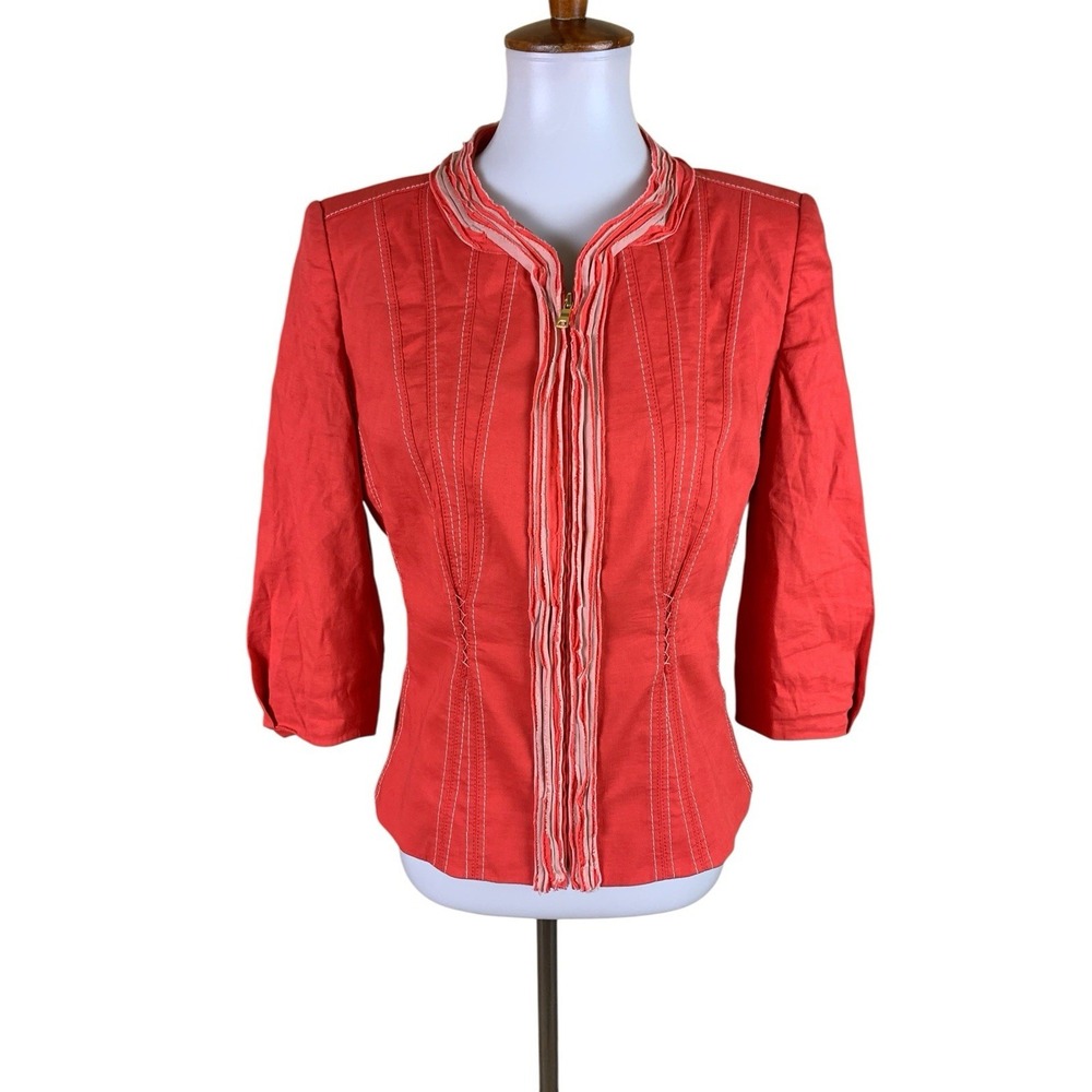 Elie Tahari Coral Linen‎ Blend Ruffle Trim Zip Front Jacket Blazer Medium